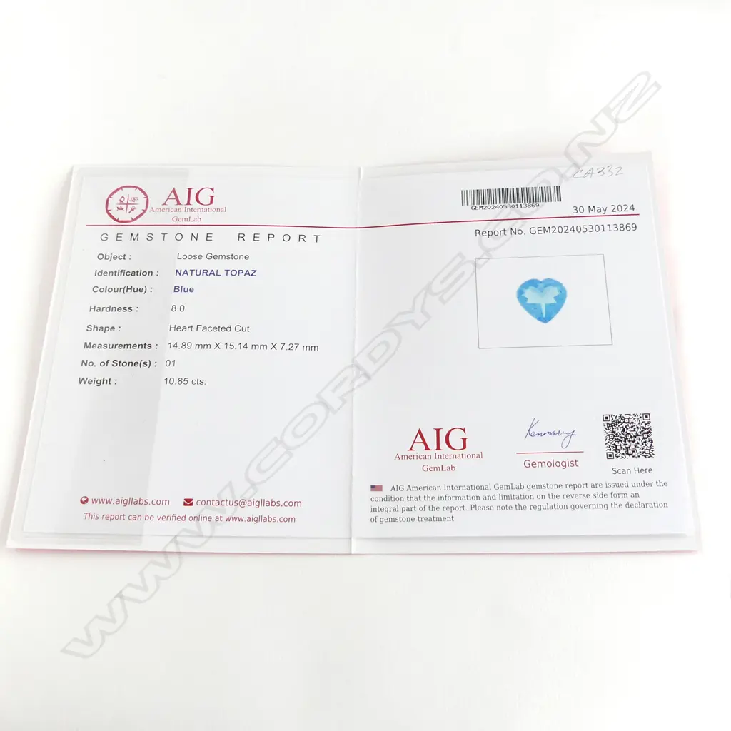 NATURAL BLUE TOPAZ HEART FACETED CUT 10.85ct, AIG REPORT Image 1++