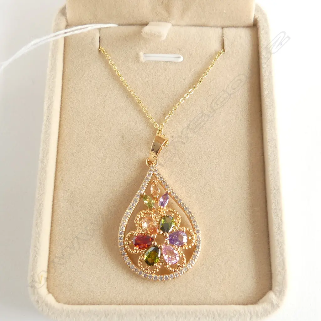 MULTI COLOURED TEAR DROP PENDANT & CHAIN Image 1++