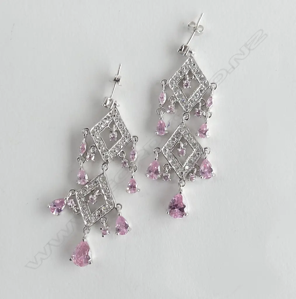 9 PRS SILVER & CZ DROP EARRINGS, NEW Image 1++