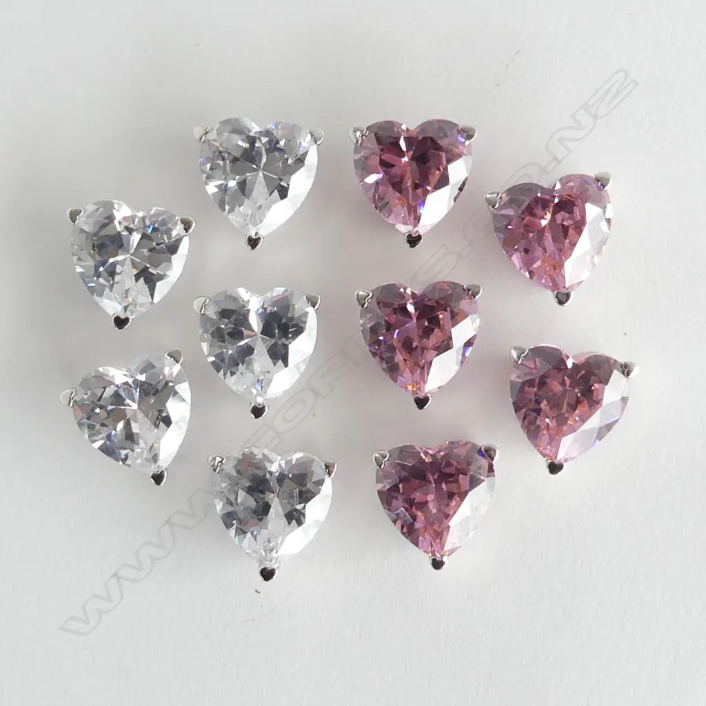 10 SILVER SET PINK & WHITE CZ HEART PENDANTS, NEW Image 1++