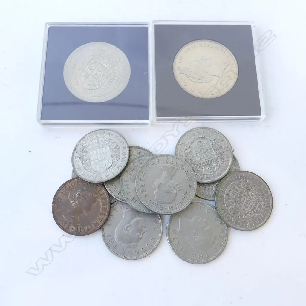 NZ COINS; 10 HALF CROWNS, 1958 PENNY & 2 CASED PROOF COINS Image 1++