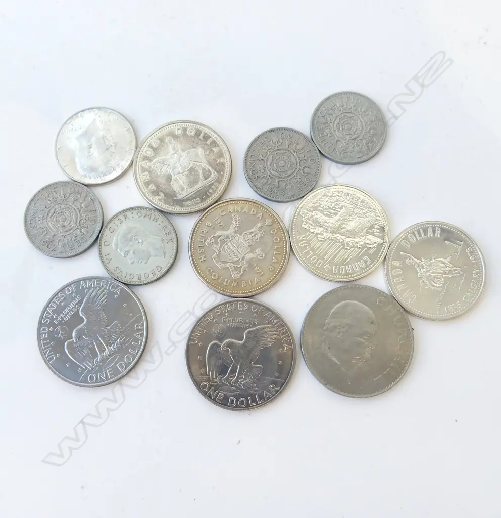 WORLD COINS; 4 CANADIAN DOLLARS, 3 US, 4 UK 2 SHILLINGS, 1965 CHURCHILL CROWN Image 1++