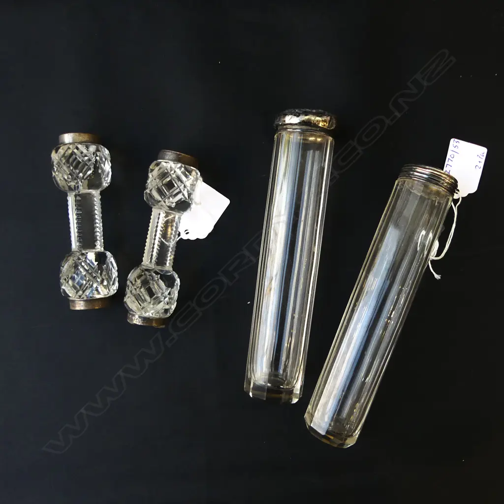 2 S/SILVER TOPPED JARS L170MM & PR SILVER CAPPED  CARVER RESTS Image 1++