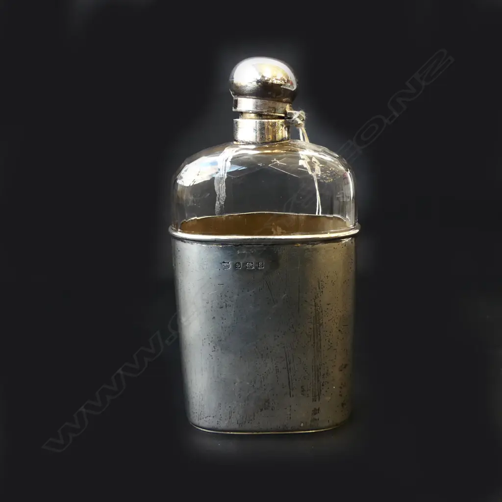STG SILVER & CRYSTAL HIP FLASK, B'HAM 1906 H.165mm 114gms Image 1++