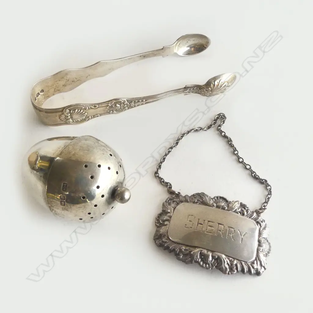 WM IV SILVER SUGAR TONGS King's Pattern + SILVER EGG PEPPERETTE (together 112gms) + SILVER ? SHERRY BOTTLE TICKET Image 1++