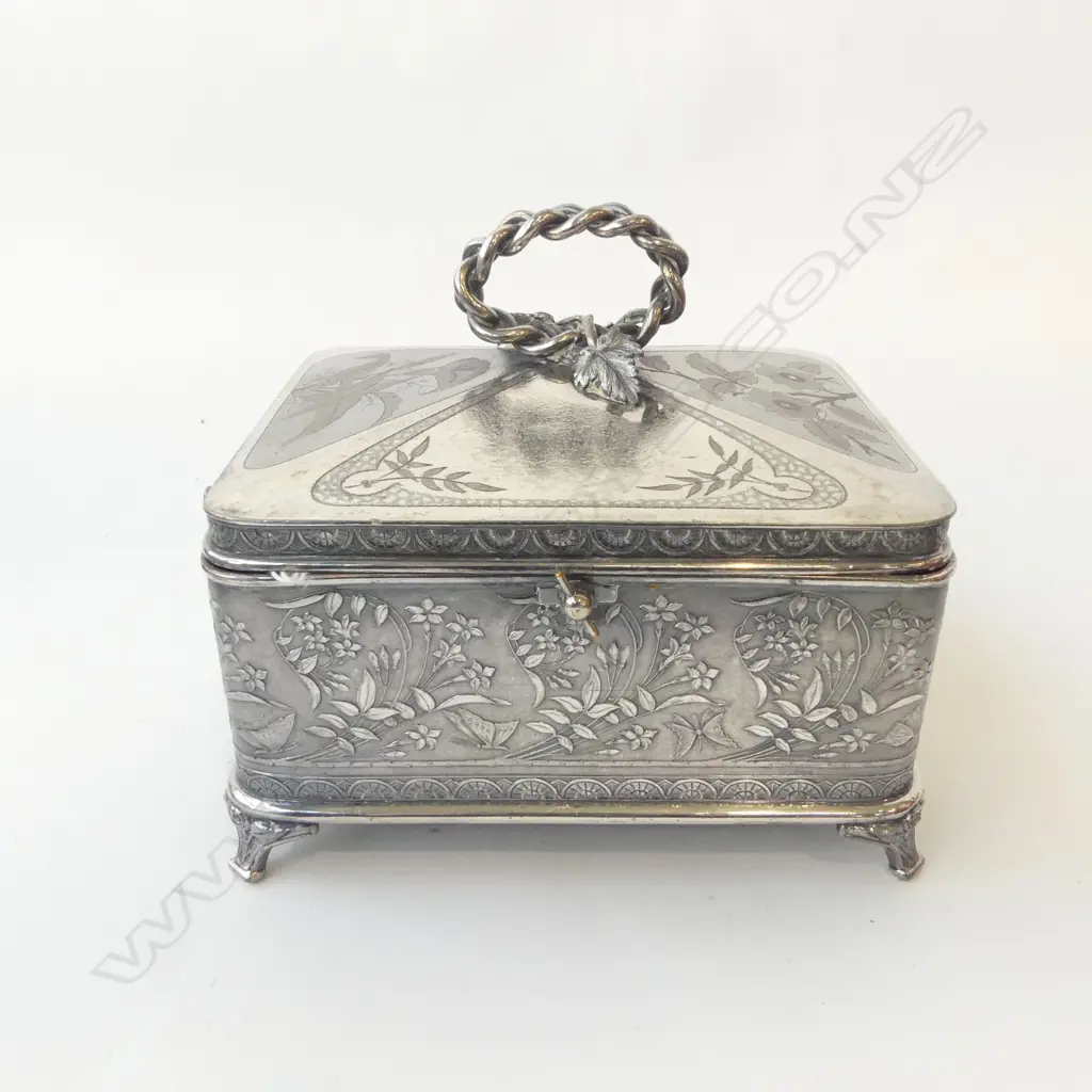 VICTORIAN REED & BARTON AESTHETIC MOVEMENT SILVER PLATED JEWELLERY BOX W. BUTTERFLY & FLORAL DECORATION, L.180MM W.160MM Image 1++