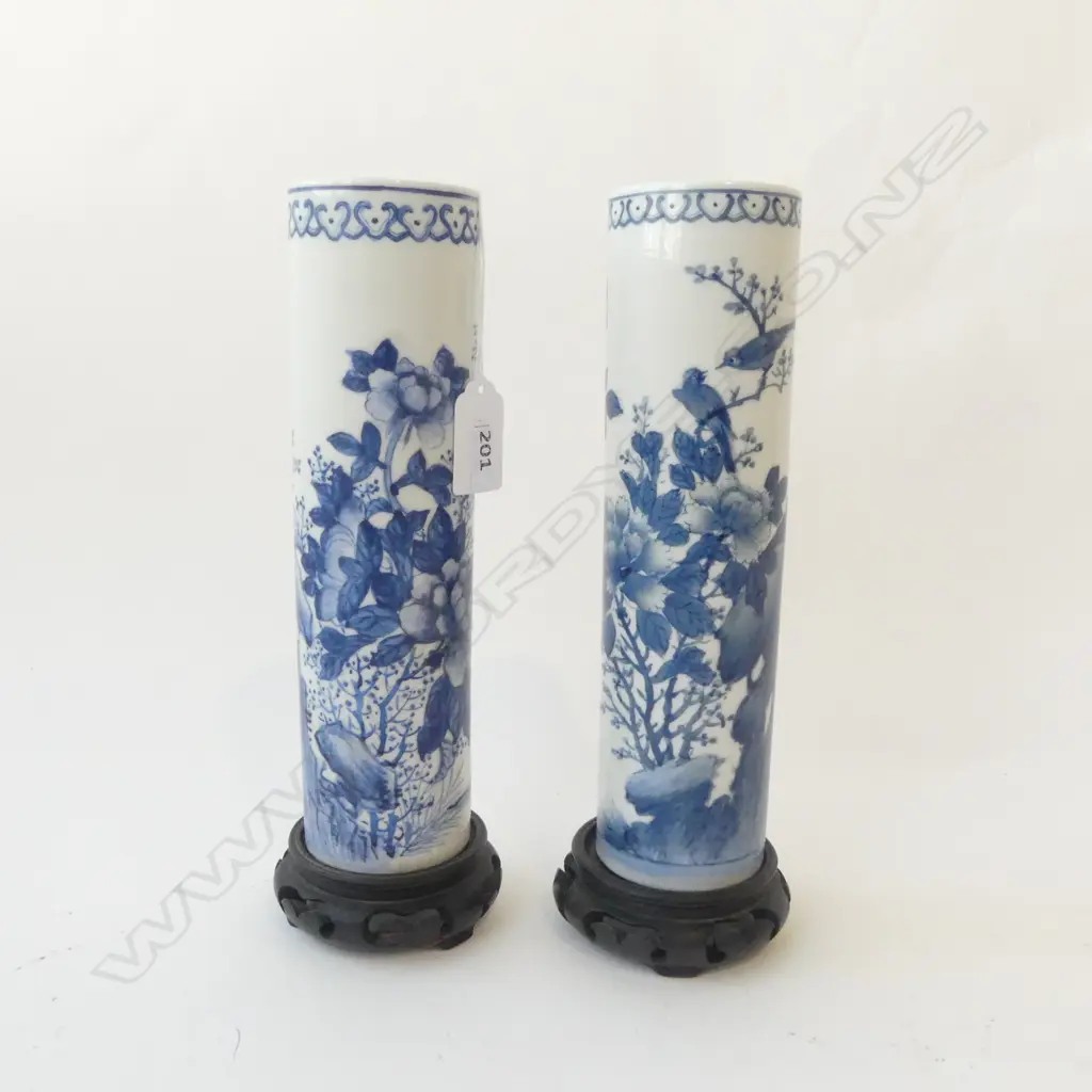PR CHINESE BLUE & WHITE CYLINDER VASES painted birds & florals  on carved wood stands H.235mm Image 1++