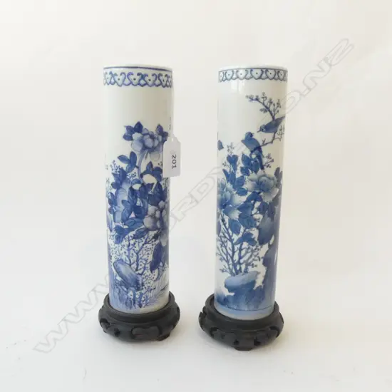 PR CHINESE BLUE & WHITE CYLINDER VASES painted birds & florals  on carved wood stands H.235mm