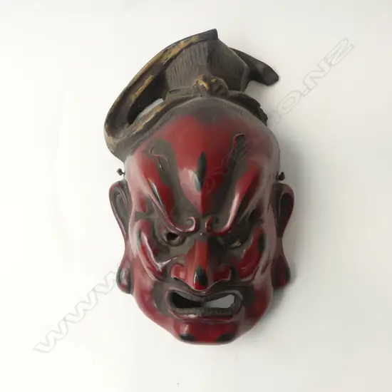 JAPANESE 'GARDIAN' MASK, RED LACQUER w BLACK UNDERPAINTING, H.350mm (sm surface crack)