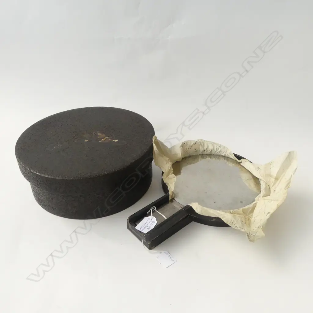 ORIENTAL LIDDED LACQUER CONTAINER 300mm dia + BRONZE HAND MIRROR, BOXED H.350mm Image 1++