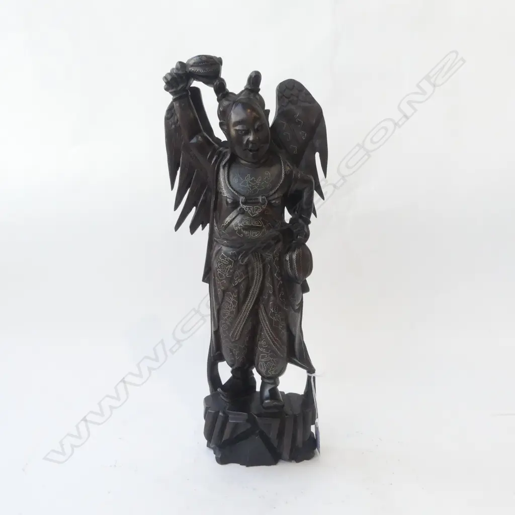 CARVED WOODEN CHINESE FIGURE w. METAL INLAY H.435mm Image 1++