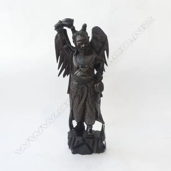 CARVED WOODEN CHINESE FIGURE w. METAL INLAY H.435mm