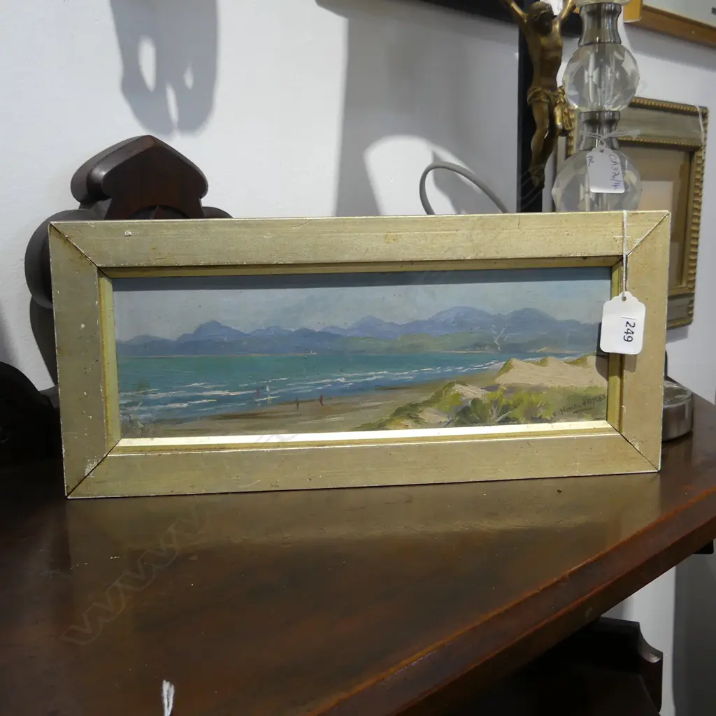 SMALL COLONIAL OIL BEACH SCENE SIGNED NINA JONES H160 L360MM Image 1++