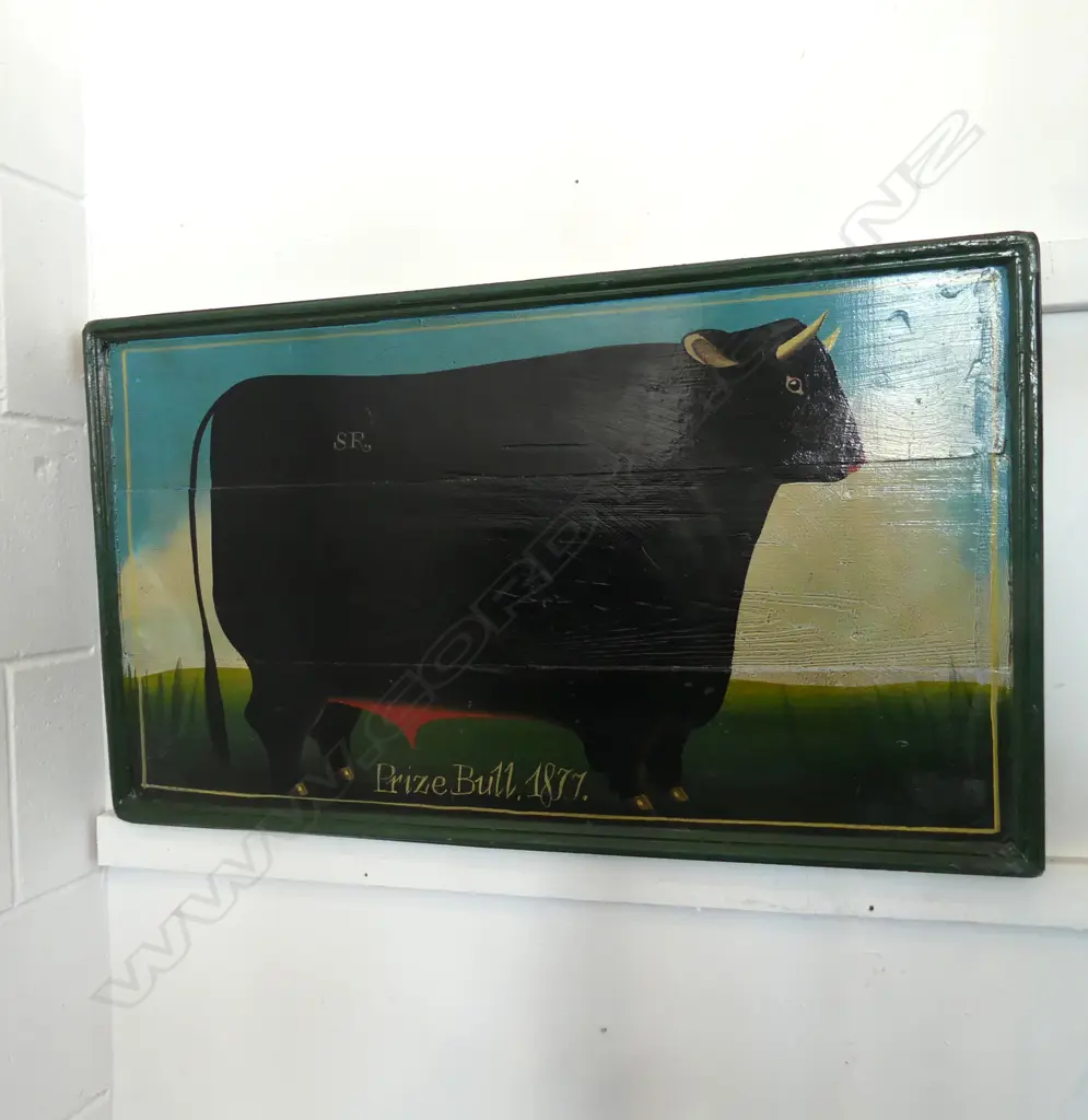 ANTIQUE STYLE ARTWORK 'PRIZE BULL 1877' ACRYLIC ON WOOD 435x755mm Image 1++