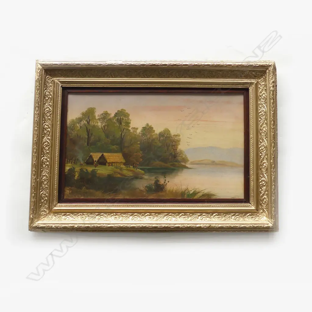 MAORI SETTLEMENT, ARTIST UNKNOWN, OIL ON BOARD, 260 x 440mm Image 1++