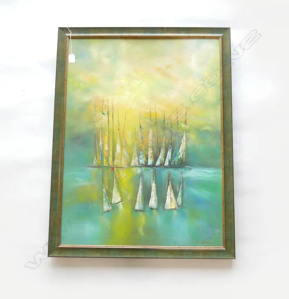 LARGE OIL MODERN YAGHTS SIGNED H870 L670MM Image 1++