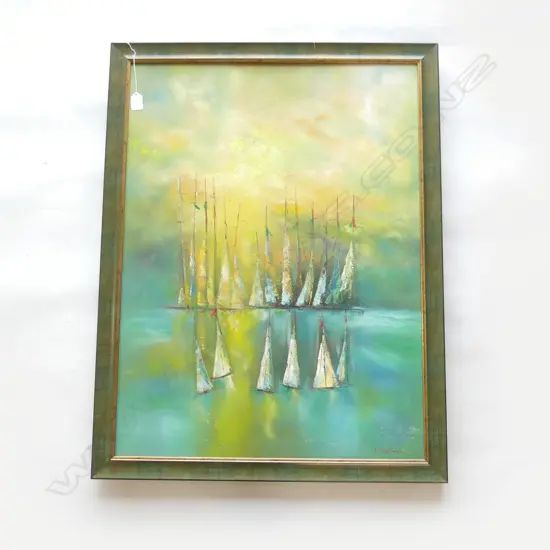 LARGE OIL MODERN YAGHTS SIGNED H870 L670MM