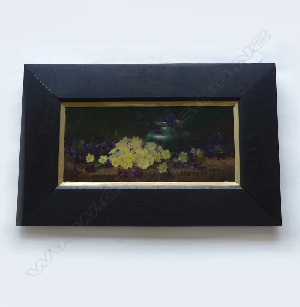STILL LIFE w VIOLETS, OIL ON CANVAS, SIGNED CMS, 250 x 550mm Image 1++