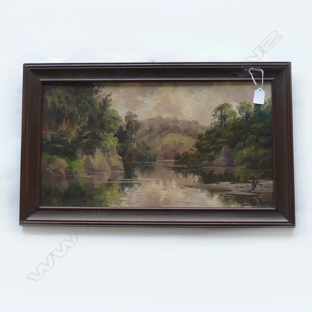 OIL ON BOARD EARLY 20THC BY W ALLEN BOLLARD, PROBABLY WANGANUI RIVER DEPICTING A RIVER WAKA. 290X530mm Image 1++