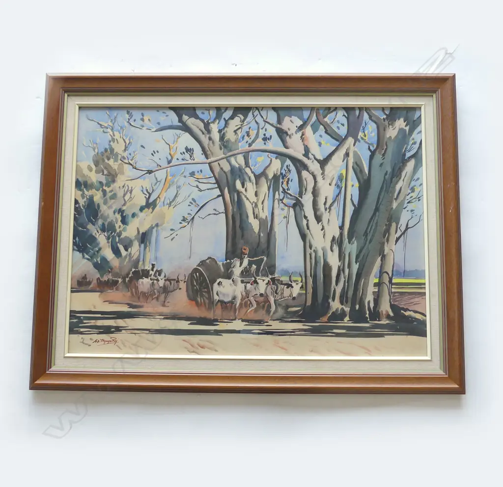 G D THYAGARAJ, INDIAN (1925-1981) OX DRAWN CART & BANYAN TREES, W/C, 480 x 670mm Image 1++