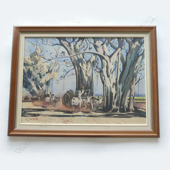 G D THYAGARAJ, INDIAN (1925-1981) OX DRAWN CART & BANYAN TREES, W/C, 480 x 670mm