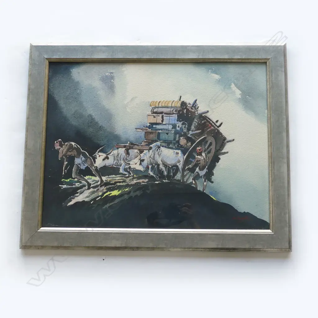 G D THYAGARAJ, INDIAN (1925-1981) OX DRAWN CART, W/C, 470 x 620mm Image 1++