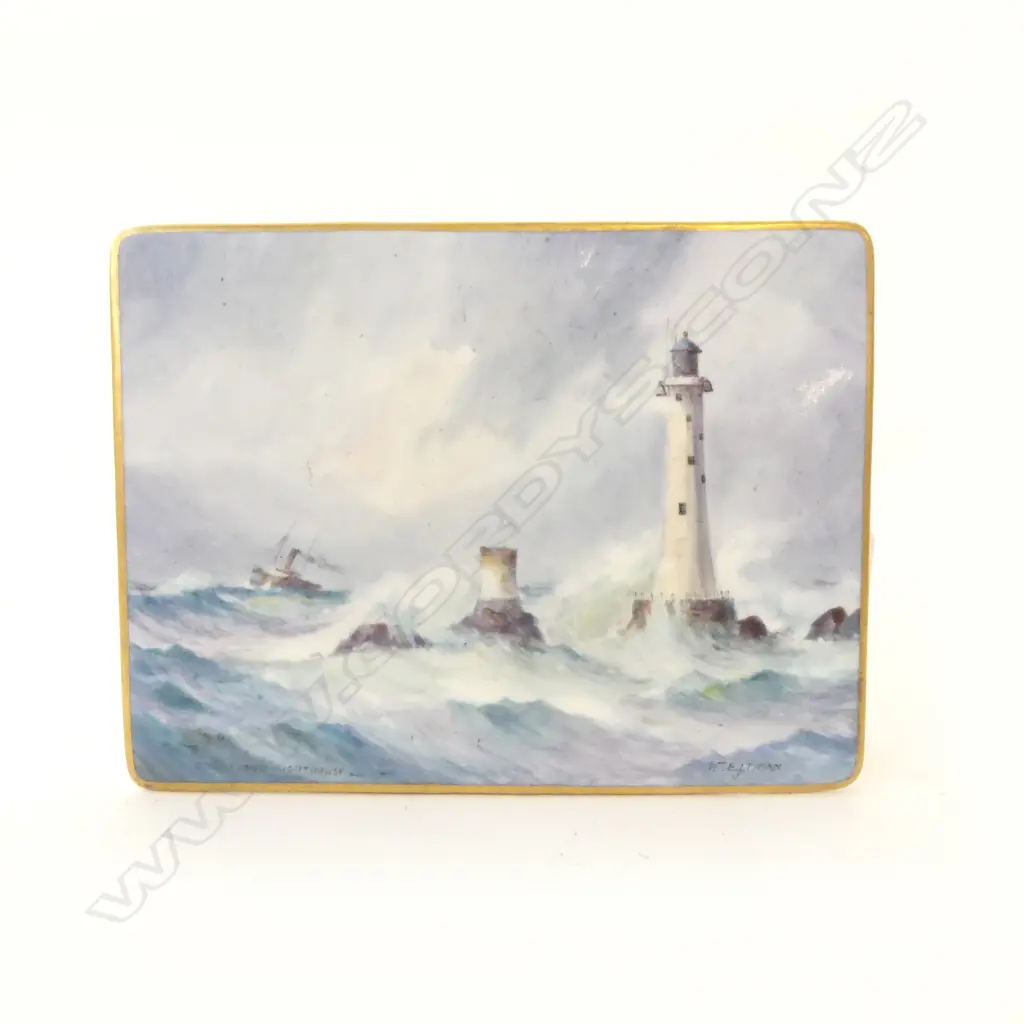 ROYAL CROWN DERBY HAND PAINTED PLAQUE 'EDDYSTONE LIGHTHOUSE' signed W.E.J. DEAN 150 x 110mm.  Image 1++
