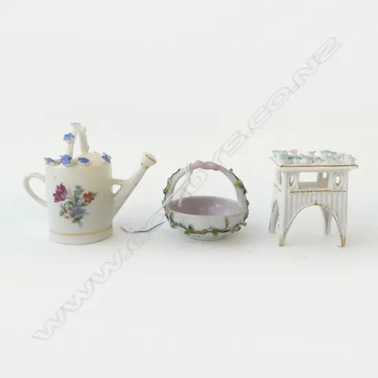  THREE ANTIQUE GERMAN FLORAL MINIATURES – WATERING CAN, TABLE, AND BASKET, H.50MM-H.80MM