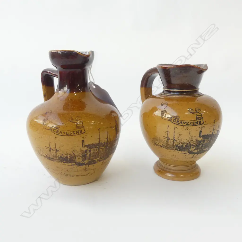 TWO ANTIQUE DOULTON LAMBETH STONEWARE ‘GRAVESEND’ JUGS, H.80MM H.90MM Image 1++