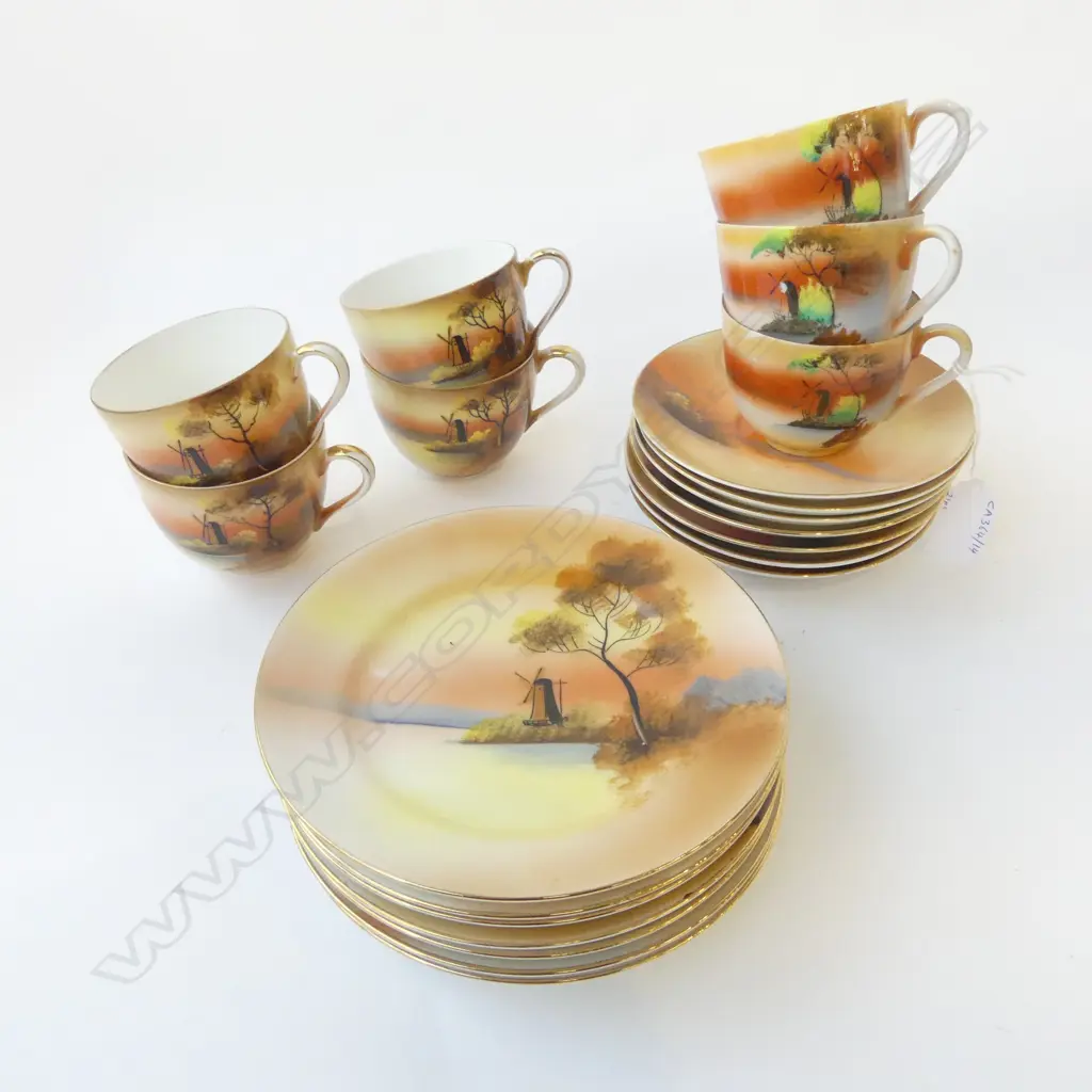 SEVEN NORITAKE TRIOS WITH HAND PAINTED WINDMILL SCENE (21 PIECES) Image 1++