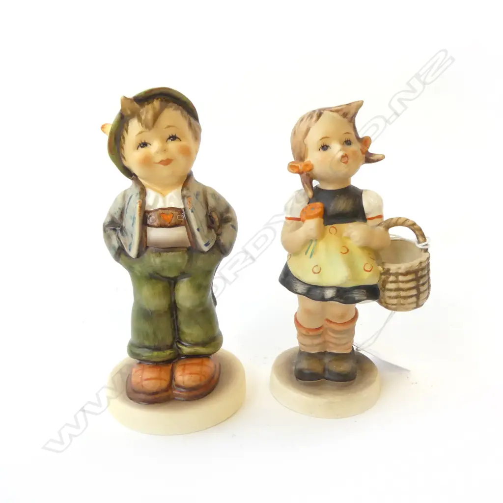 TWO HUMMEL GOEBEL FIGURINES BOY IN LEDERHOSEN & GIRL WITH BASKET, H.140MM H.130MM Image 1++