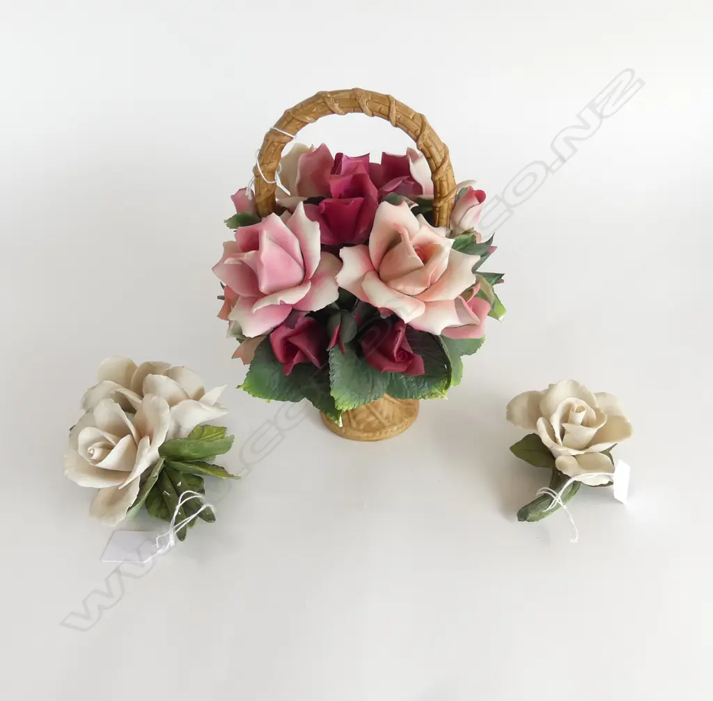 PORCLIAN ITALIAN FLOWER BASKET H240 & 2 SEPERATE PORCLAIN WHITE ROSES Image 1++