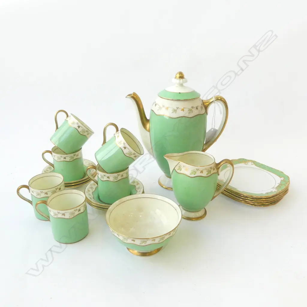 21 PC VINTAGE ROYAL DOULTON COFFEE SET, PALE GREEN & GOLD, 6 C/S COFFEE POT (lid faults), SIDEPLATES, M/S Image 1++