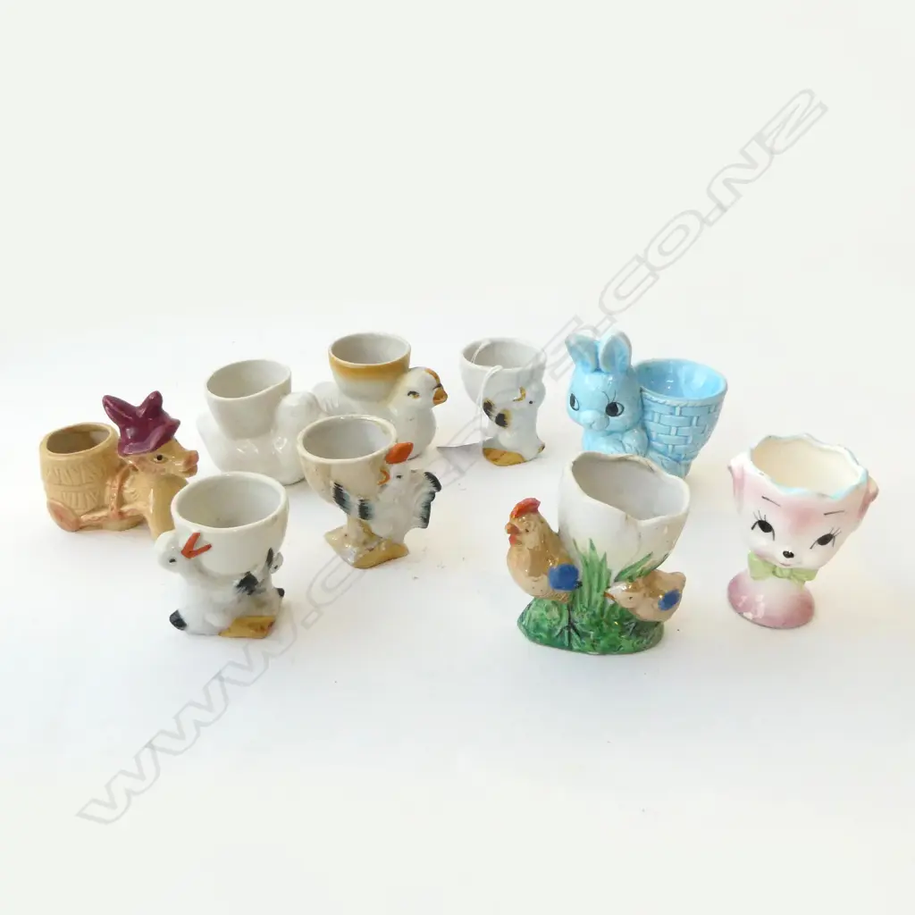 NINE VINTAGE EGG CUPS – ROOSTERS, DONKEY, DUCKS, CHICKEN ETC Image 1++