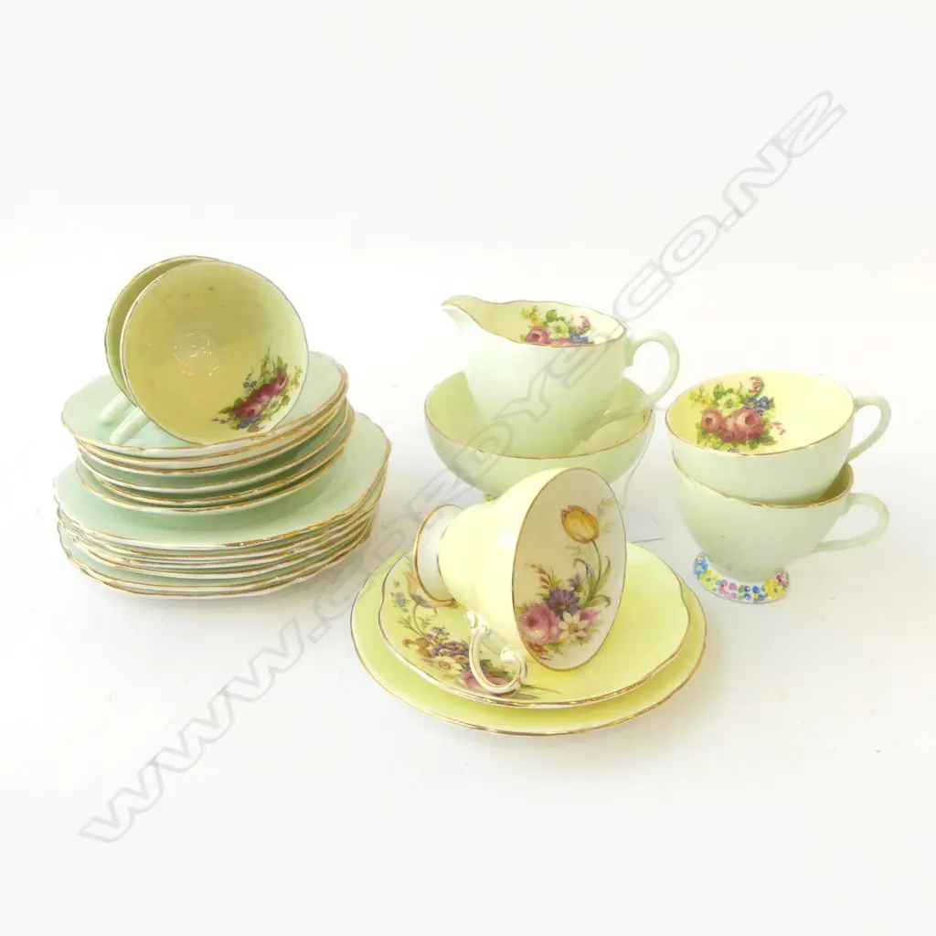FOLEY ENGLISH BONE CHINA PALE GRN TEA SET, INCLD M/S, C/S, SIDEPLATES & A YELLOW TRIO Image 1++