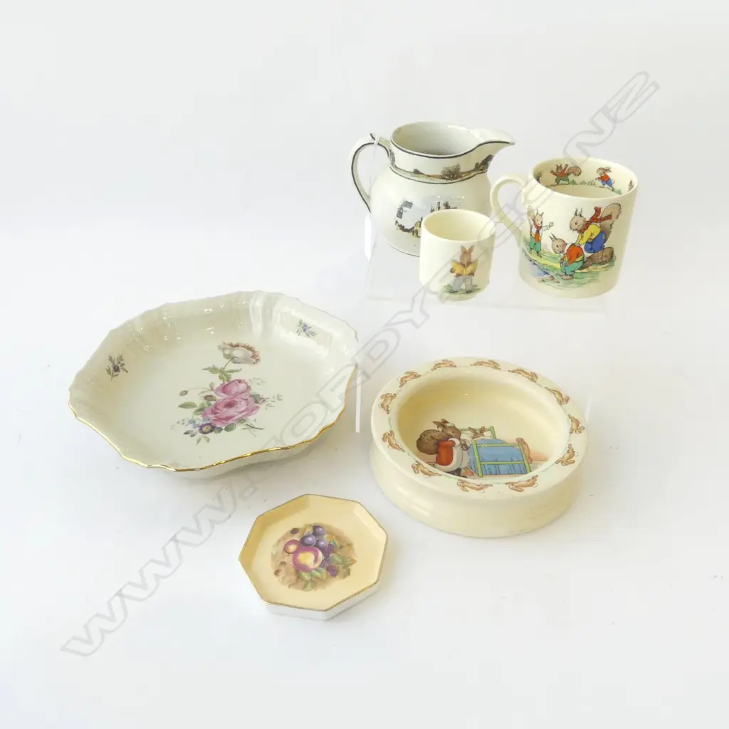 6 PCS; R/D BUNNYKINS EGGCUP & BOWL, JOLLY JINKS CUP, COACHING DAYS JUG, ROYAL COPENHAGEN DISH & AYNSLEY PIN DISH Image 1++