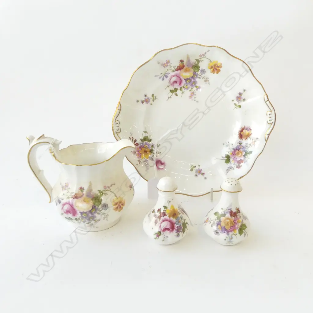 ROYAL CROWN DERBY SCALLOPED PLATE, JUG & PEPPER/SALT Image 1++