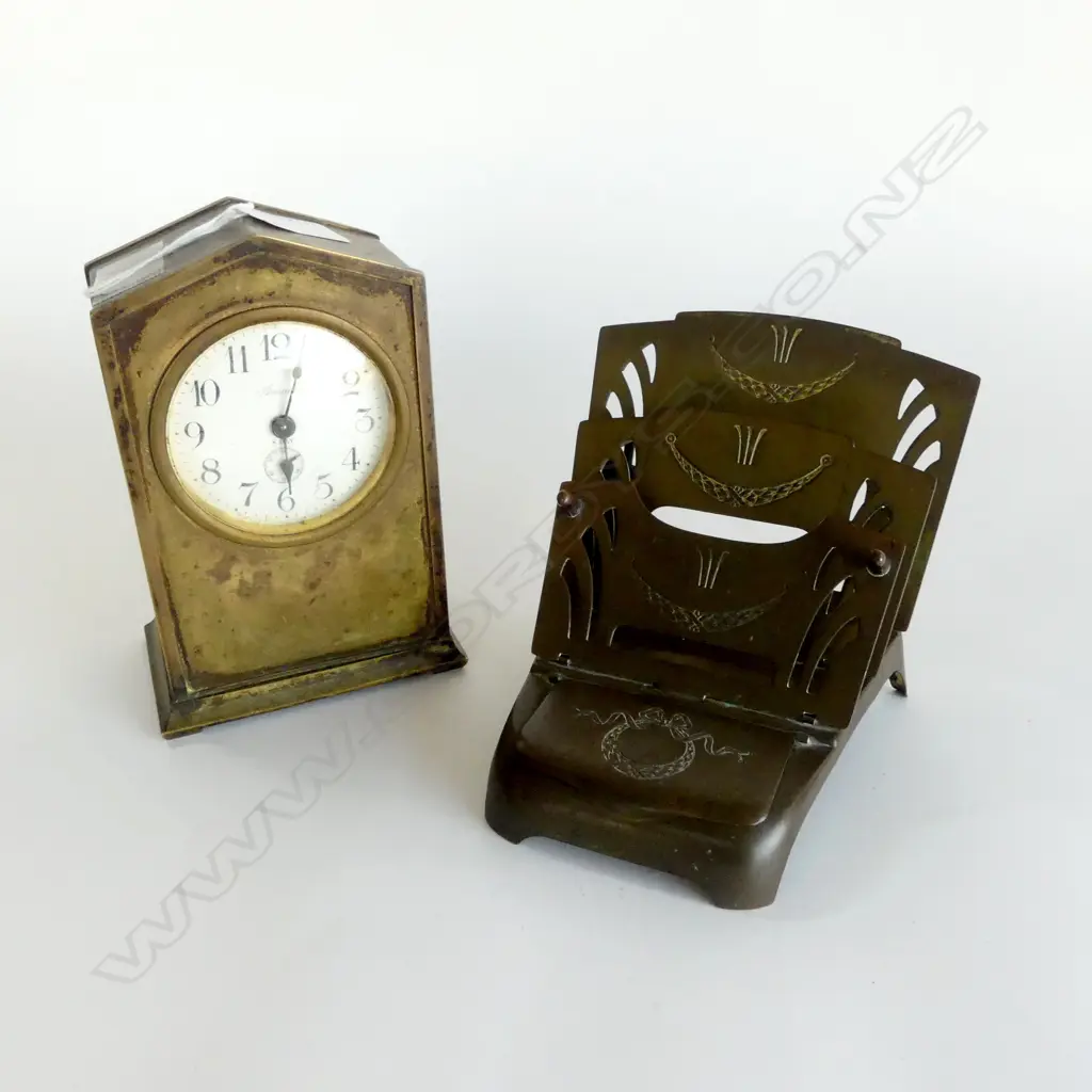 ANSONIA 8 DAY MANTLE CLOCK H.175mm + GES GESCH COPPER INKWELL / LETTER HOLDER Image 1++