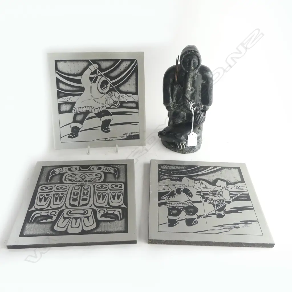 3 INUIT WALL PLAQUE , 220X 220MM & 1 SCULPTURE ESKIMO WITH SPEAR AND SEAL, H.240MM Image 1++