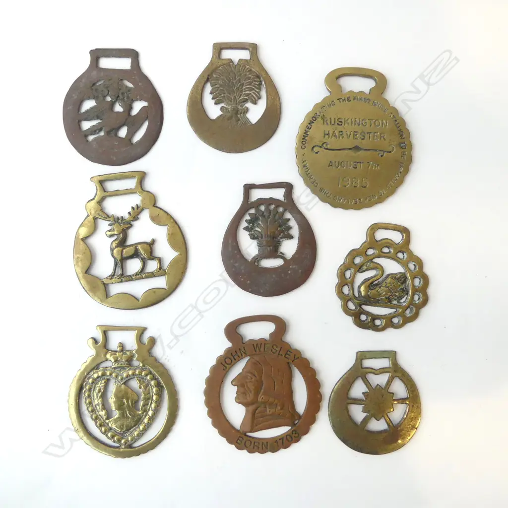 NINE HORSE BRASSES – INCL. QUEEN VICTORIA, JOHN WESLEY, SHIRE STALLION, STAG ETC Image 1++