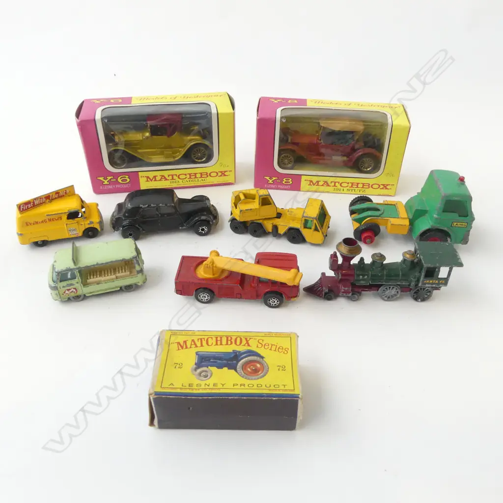 10 VINTAGE MATCHBOX TOYS – 1913 CADILLAC, 1914 STUTZ, TRACTOR IN BOXES, AND 7 OTHER MATHCBOX INCL. EVENING NEWS VAN, COM Image 1++