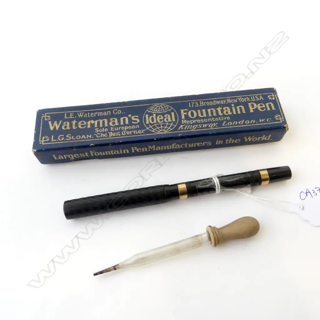 VINTAGE IDEAL WATERMAN FOUNTAIN PEN w. 14CT NIB & 2 9CT BANDS, + INK DROPPER, IN ORIG. BOX Image 1++