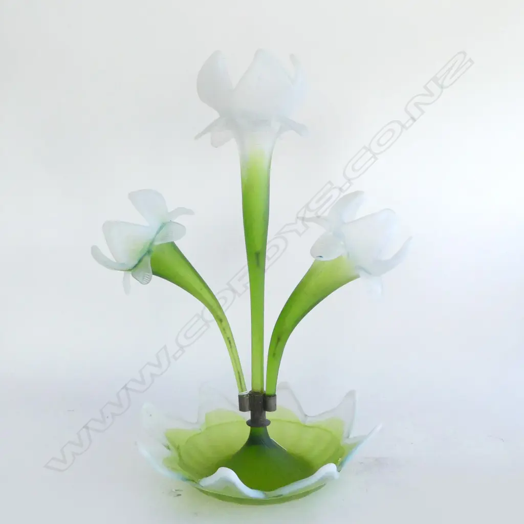ART NOUVEAU IRIS GREEN GLASS EPERGNE H350 DIA330MM Image 1++