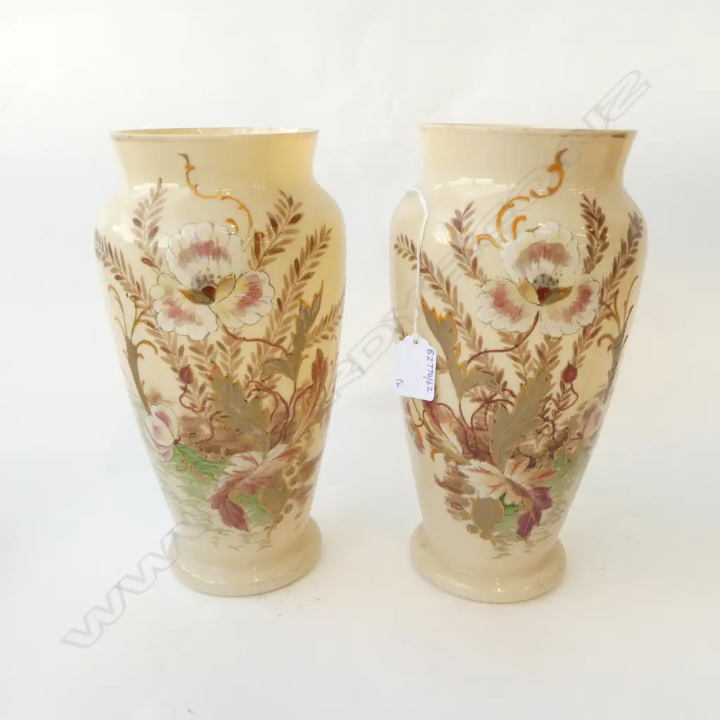 PR OF EDWARDIAN PEACH COLOURED  HAND PAINTED FLOWER VASES H280MM Image 1++