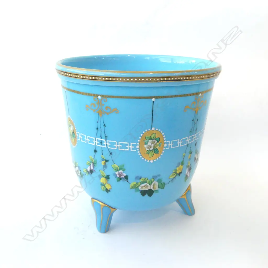 EDWARDIAN TOURQUISE HAND PAINTED & GILT GLASS JARDINEER H200 DIA200MM Image 1++