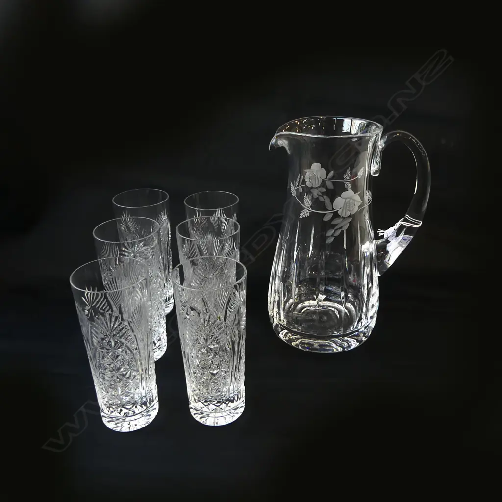 ROYAL DOULTON LG CRYSTAL JUG H.255mm & 6 HIGH BALL GLASSES 'CATHEDRAL' PAT. H.160mm Image 1++