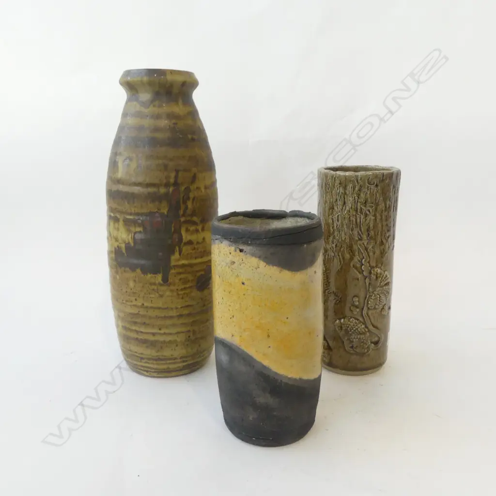 3 CYLINDER SHAPED NZ STUDIO POTTERY VASES H340MM TALLEST Image 1++