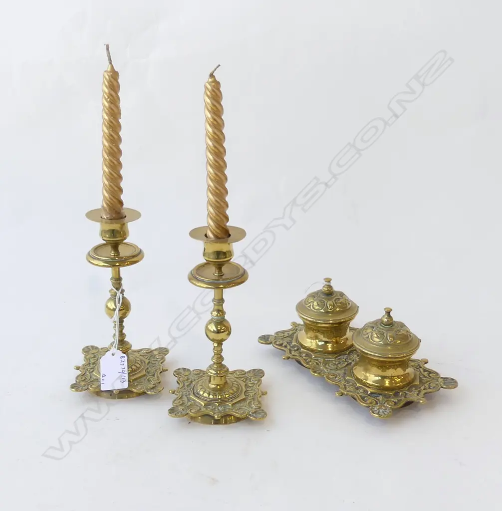 PR BRASS CANDLESTICKS H160MM & MATCHING DOUBLE INKSTAND L180MM Image 1++