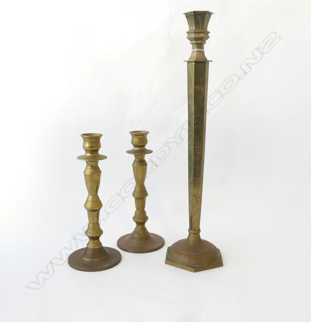 3 BRASS CANDLESTICKS; PR H.250mm, OTHER H.480mm  Image 1++