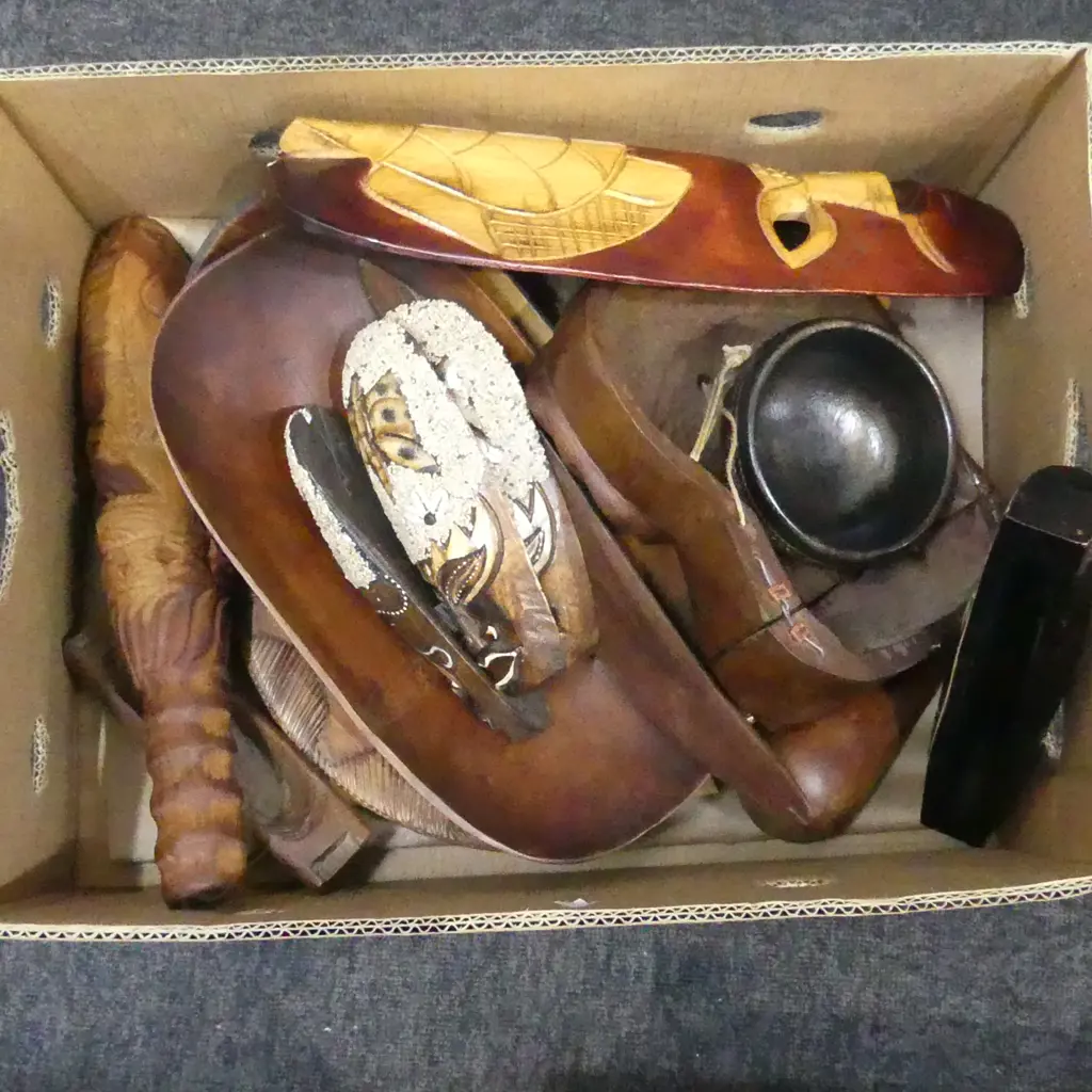 BOX LOT PACIFIC ISLAND WOOD MASKS BOWLS ETC Image 1++